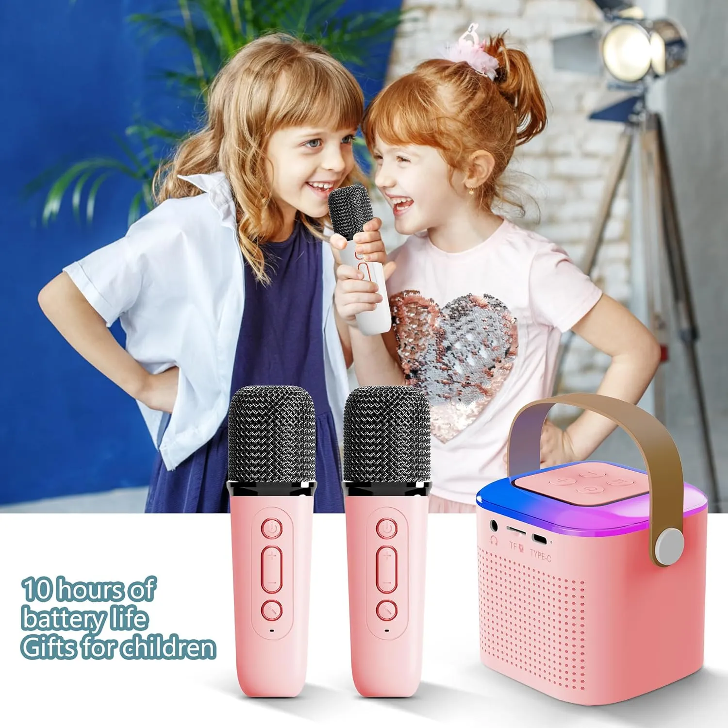 Microphone for Kids Toddler$Gifts for Girls and Boys Birthday (Pink 2 mic) (Pink 2 mic) Mini Karaoke workplace electrode regardless flask Machine for Kids$Portable Bluetooth Speaker with Wireless 