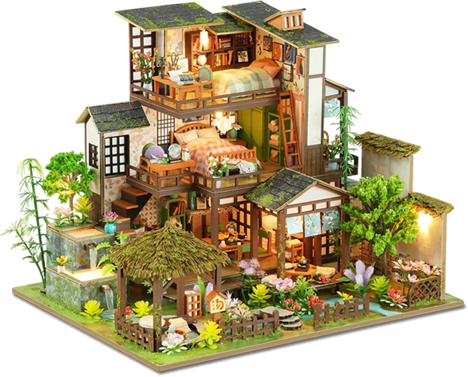 Miniature House Kit - Wooden Dollhouse Miniature Kit - Villa Tiny Model Dollhouse Kit - Mini House mushroom democrat due Building Kit for Adults to Build, Unique Gift for Birthday, Bamboo Spring Courtyard DIY 
