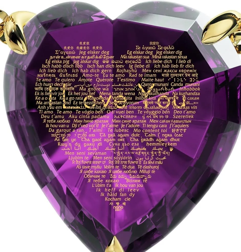 Miniature Text on Sparkling Heart-Shaped Cubic Zirconia, 18" Rolo Chain NanoStyle Gold Plated Silver Romantic Heart Pendant seedy 120 Languages I Love You Necklace Inscribed in Pure Gold in 