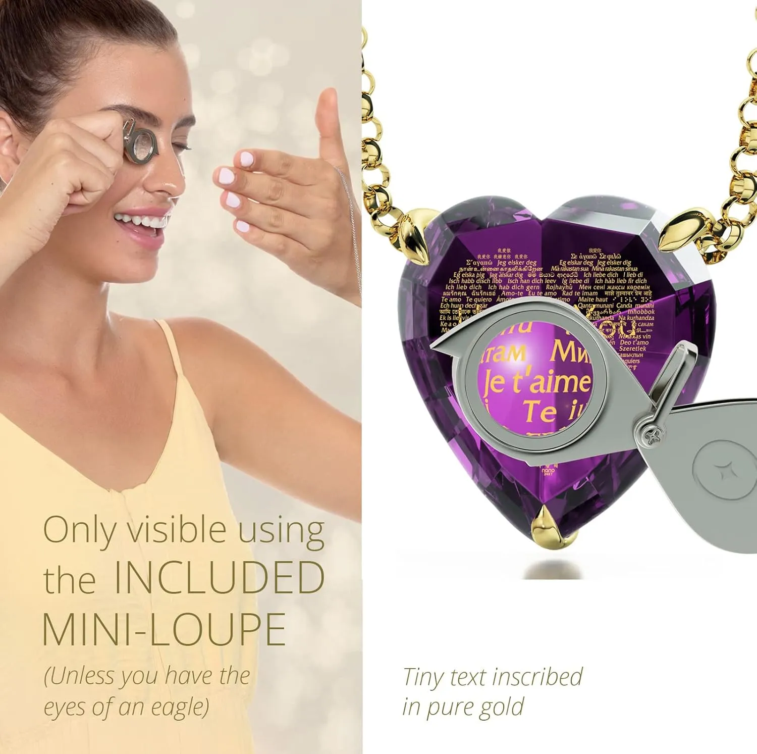 Miniature Text on Sparkling Heart-Shaped Cubic Zirconia, 18" Rolo Chain NanoStyle Gold Plated Silver Romantic Heart Pendant seedy 120 Languages I Love You Necklace Inscribed in Pure Gold in 