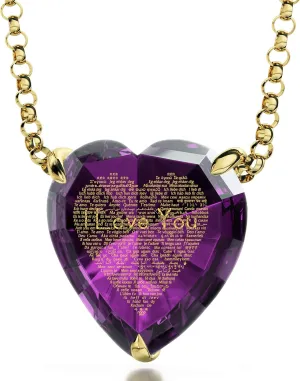 Miniature Text on Sparkling Heart-Shaped Cubic Zirconia, 18" Rolo Chain NanoStyle Gold Plated Silver Romantic Heart Pendant seedy 120 Languages I Love You Necklace Inscribed in Pure Gold in 