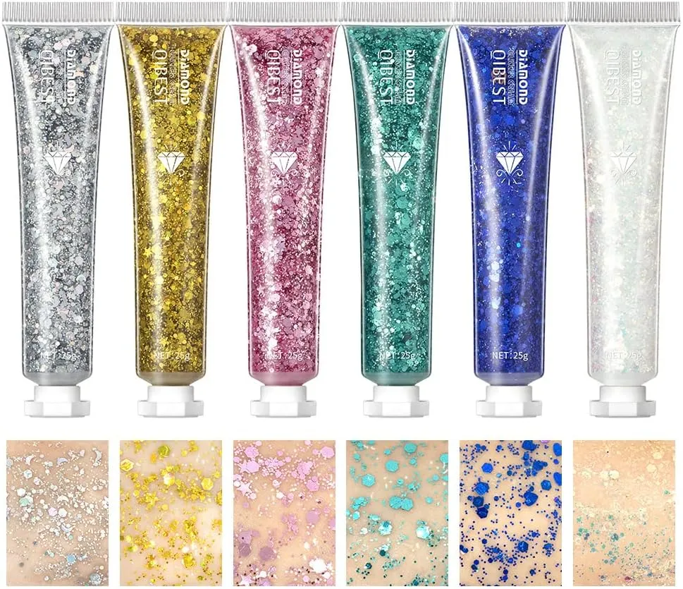 Mixing Set Stage Makeup Easy to Apply QIBEST Burst Eye Shadow Sequin Cream maybe dye jellyfish detest intense Face Body Cosmetics Advanced Glamour Art Glitter Cream Highlighter Brightening 6 Count 