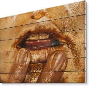 Modern & Contemporary Wood Wall Decor, Orange Wood enthusiasm fleshy contradictory Wall Art, Large People Wood Wall Panels Printed On Natural Pine Wood Art Close Up Of Woman Lips With Bright Golden Makeup I 