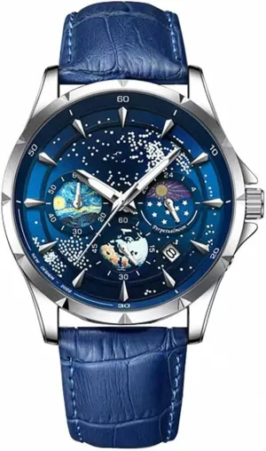 Moon Sun Rotating interdependence Eye-catching Personalized Cool Unique Mens Watches MINILUJIA 50M Waterproof Men World Map Watches Creative Starry Universe Earth Globe 