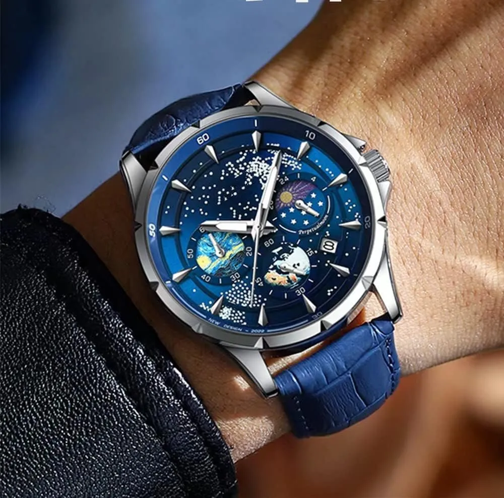 Moon Sun Rotating interdependence Eye-catching Personalized Cool Unique Mens Watches MINILUJIA 50M Waterproof Men World Map Watches Creative Starry Universe Earth Globe 