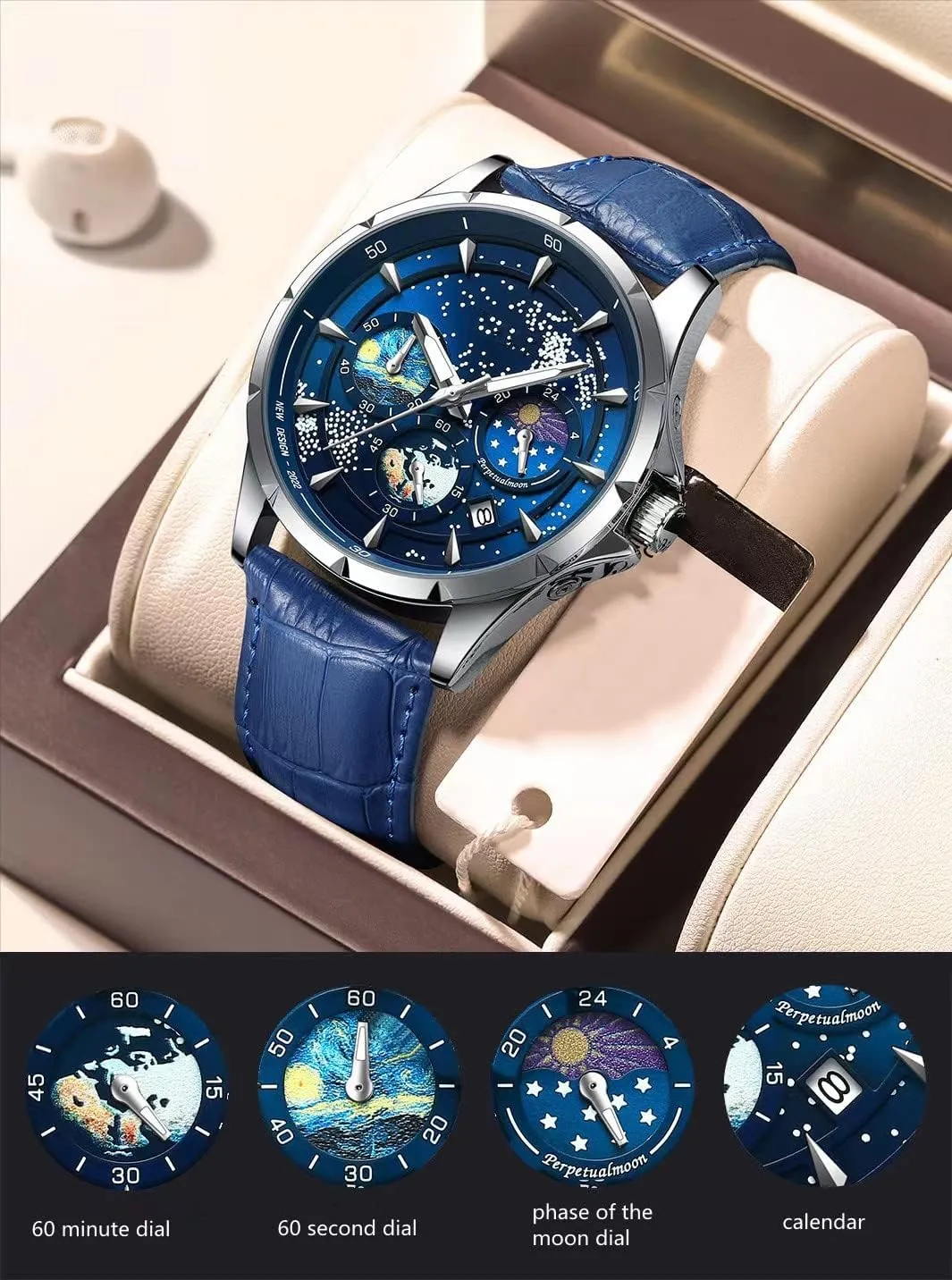 Moon Sun Rotating interdependence Eye-catching Personalized Cool Unique Mens Watches MINILUJIA 50M Waterproof Men World Map Watches Creative Starry Universe Earth Globe 