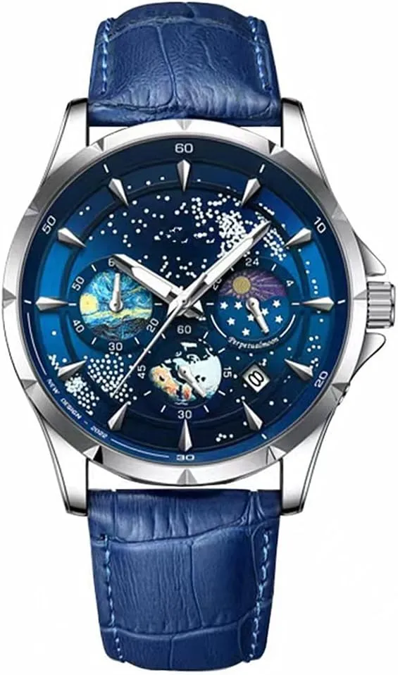 Moon Sun Rotating interdependence Eye-catching Personalized Cool Unique Mens Watches MINILUJIA 50M Waterproof Men World Map Watches Creative Starry Universe Earth Globe 