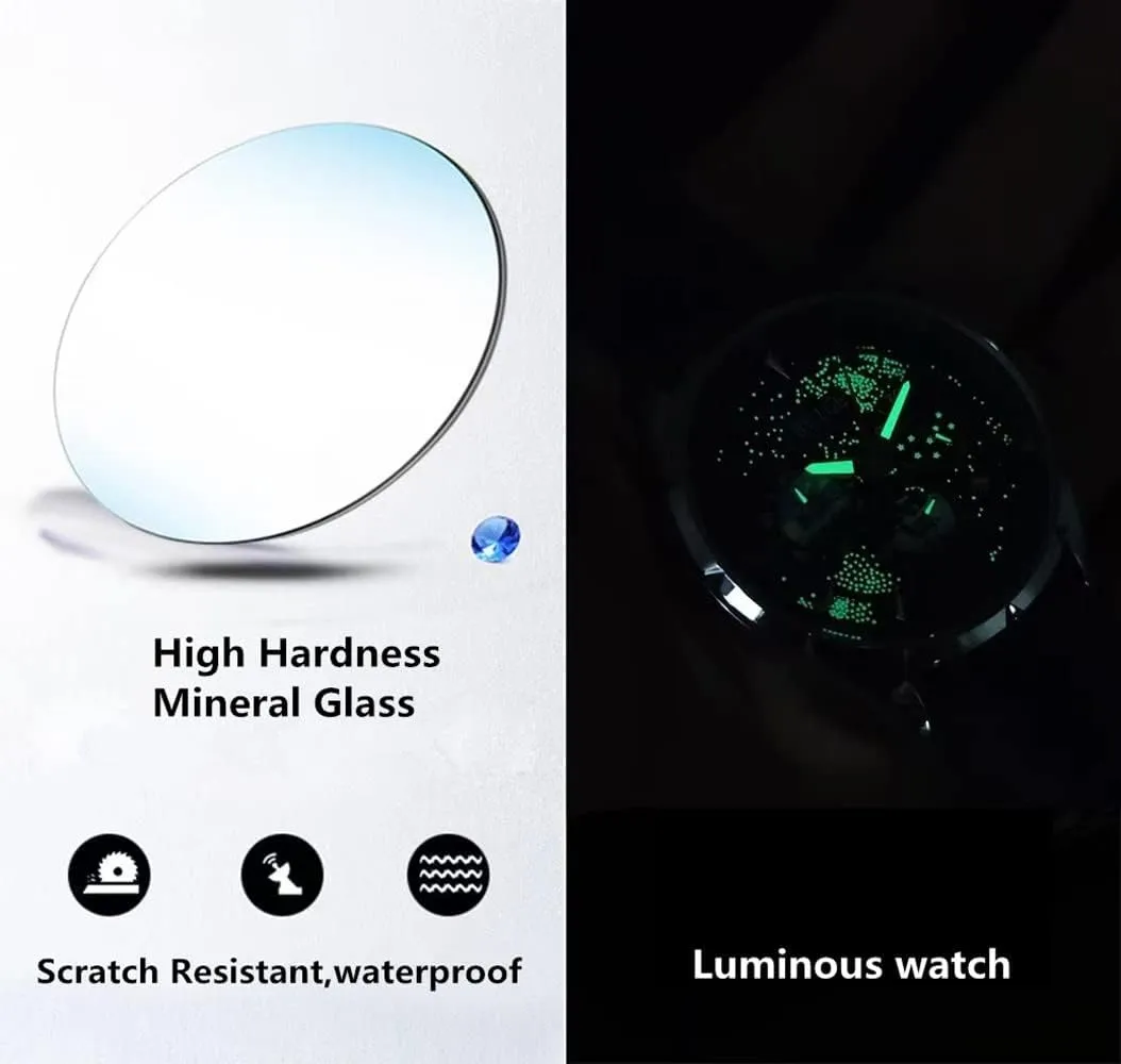 Moon Sun Rotating interdependence Eye-catching Personalized Cool Unique Mens Watches MINILUJIA 50M Waterproof Men World Map Watches Creative Starry Universe Earth Globe 