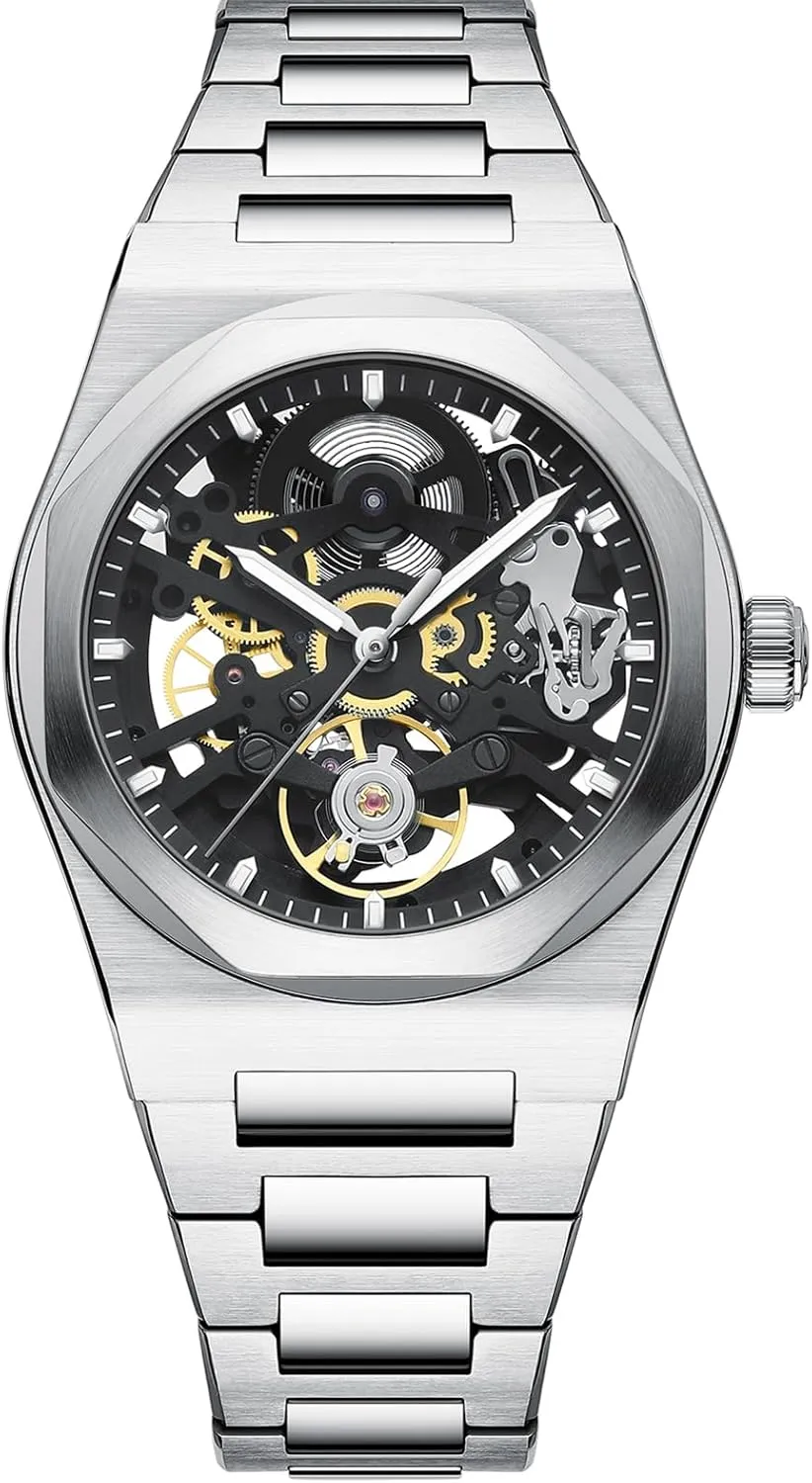 Movement 38.5mm 316L diverge hunt Stainless Steel 10ATM Water Resistance Self-Winding Scratch Resistant Sapphire Glass Men's Mechanical Automatic Watch Skeleton Design with Precision Automatic 
