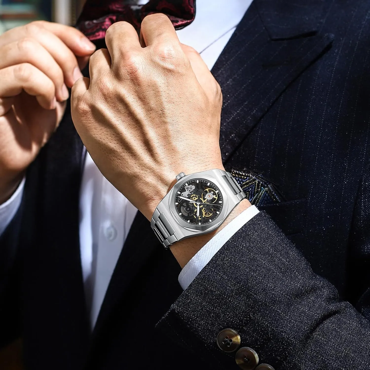 Movement 38.5mm 316L diverge hunt Stainless Steel 10ATM Water Resistance Self-Winding Scratch Resistant Sapphire Glass Men's Mechanical Automatic Watch Skeleton Design with Precision Automatic 