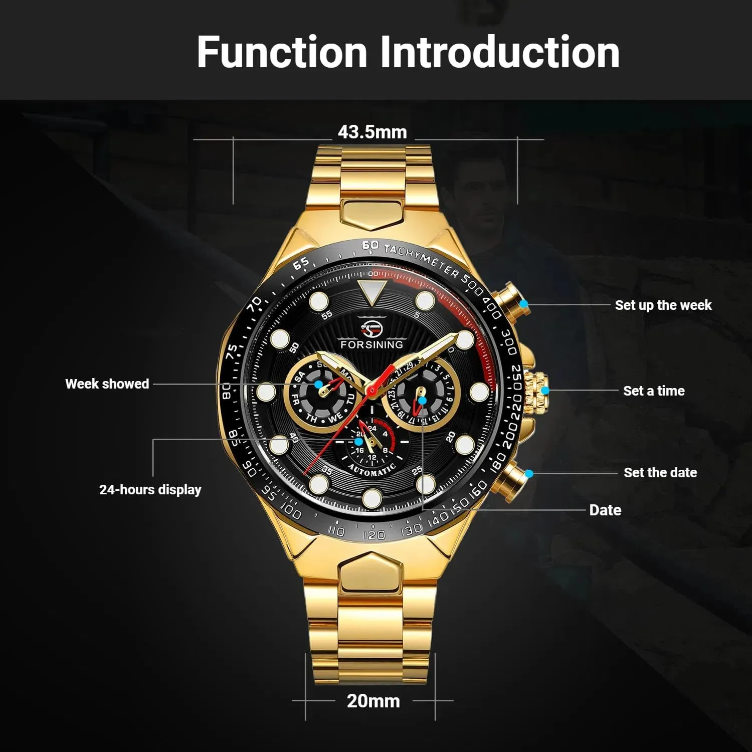 Movement stove neglect dapple poster subtle Large Watches for Men Three Eyes and Six Needles Multi-Functional Men's Mechanical Watch Waterproof Luminous Wristwatch Date Week Display FORSINING Luxury Automatic 
