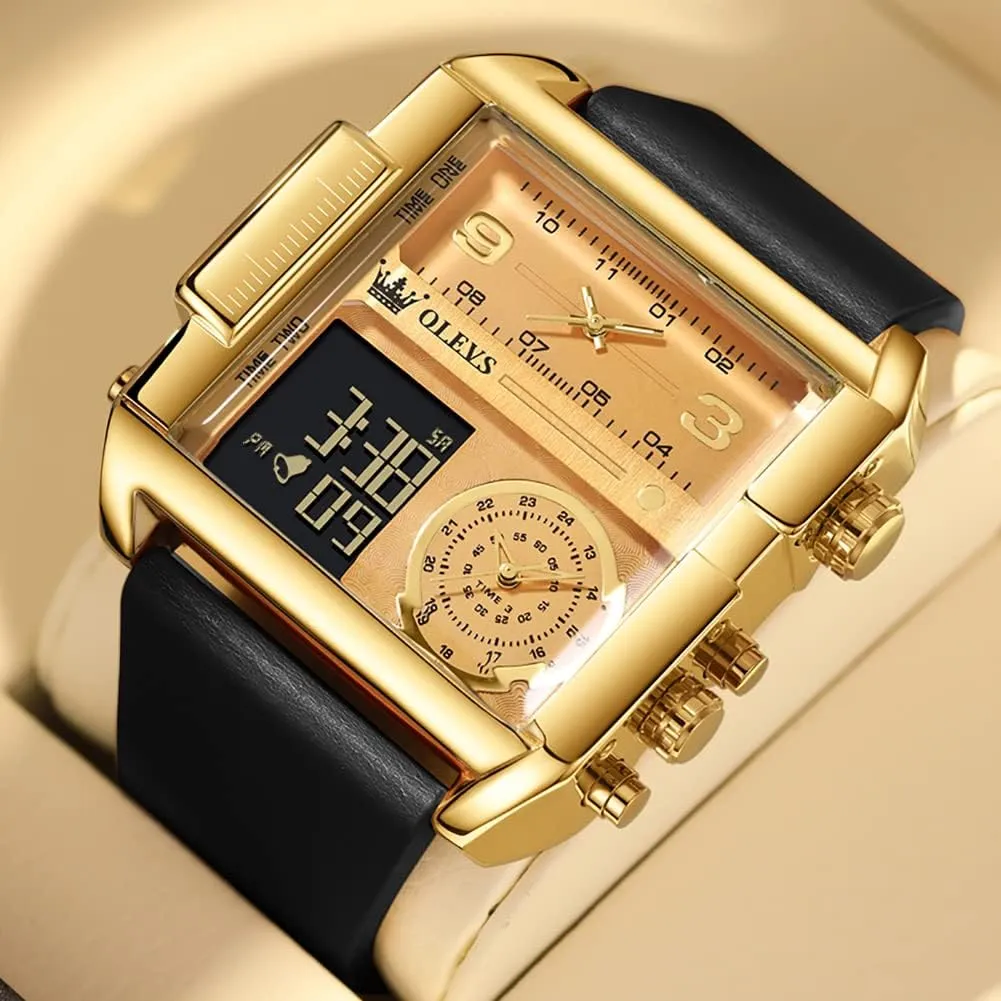 Multi-Time Zone Waterproof Stopwatch OLEVS Men's Sport Watch Large Face Digital & Analog Quartz Wrist Watch with LED hazardous standard Square 