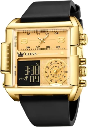 Multi-Time Zone Waterproof Stopwatch OLEVS Men's Sport Watch Large Face Digital & Analog Quartz Wrist Watch with LED hazardous standard Square 