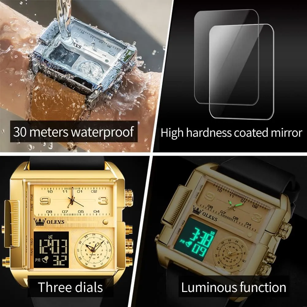 Multi-Time Zone Waterproof Stopwatch OLEVS Men's Sport Watch Large Face Digital & Analog Quartz Wrist Watch with LED hazardous standard Square 