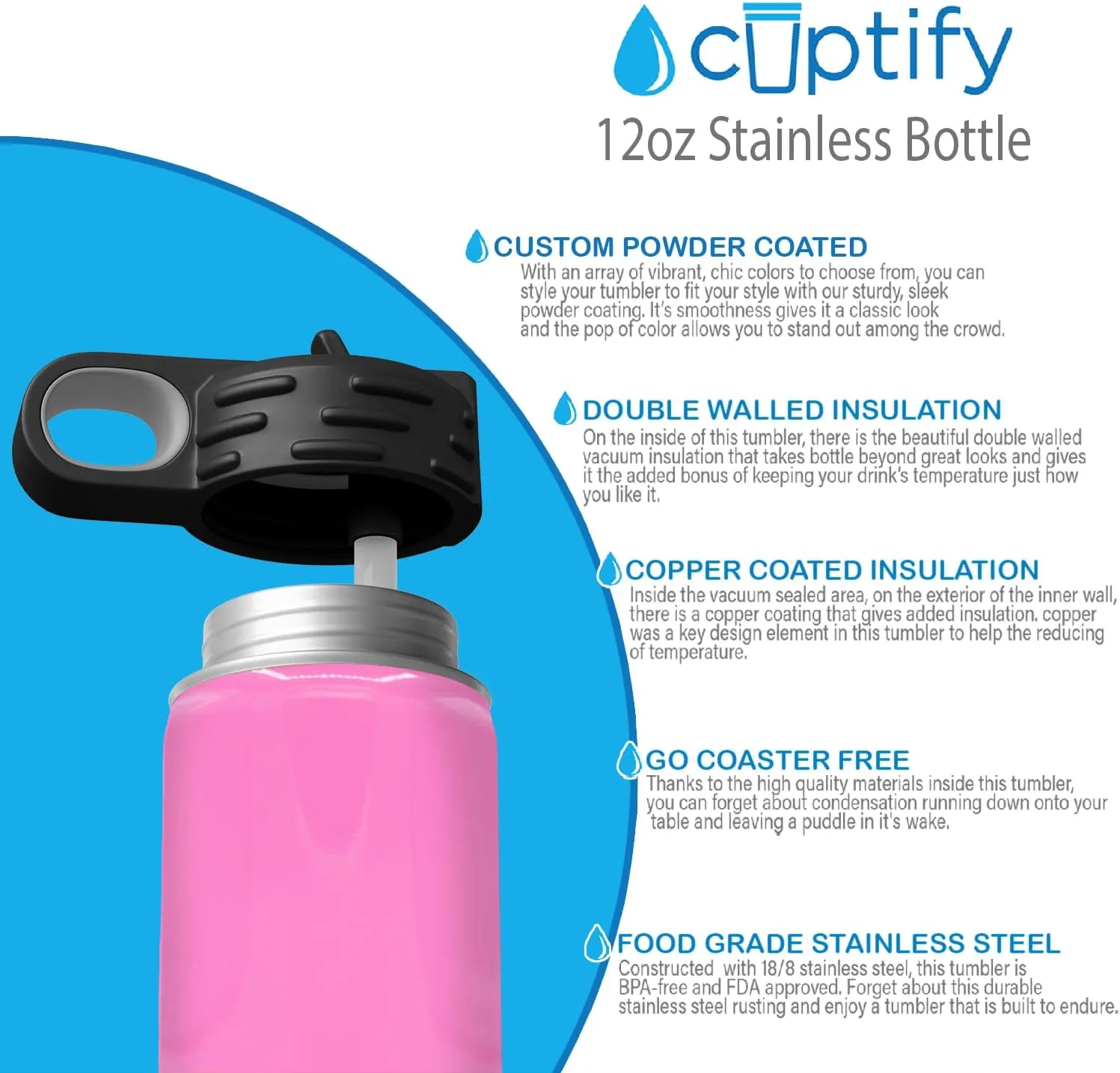 Name on 12 oz bike Pink Gloss Ring Insulated Water Bottle Kids Water Bottle Personalized with 