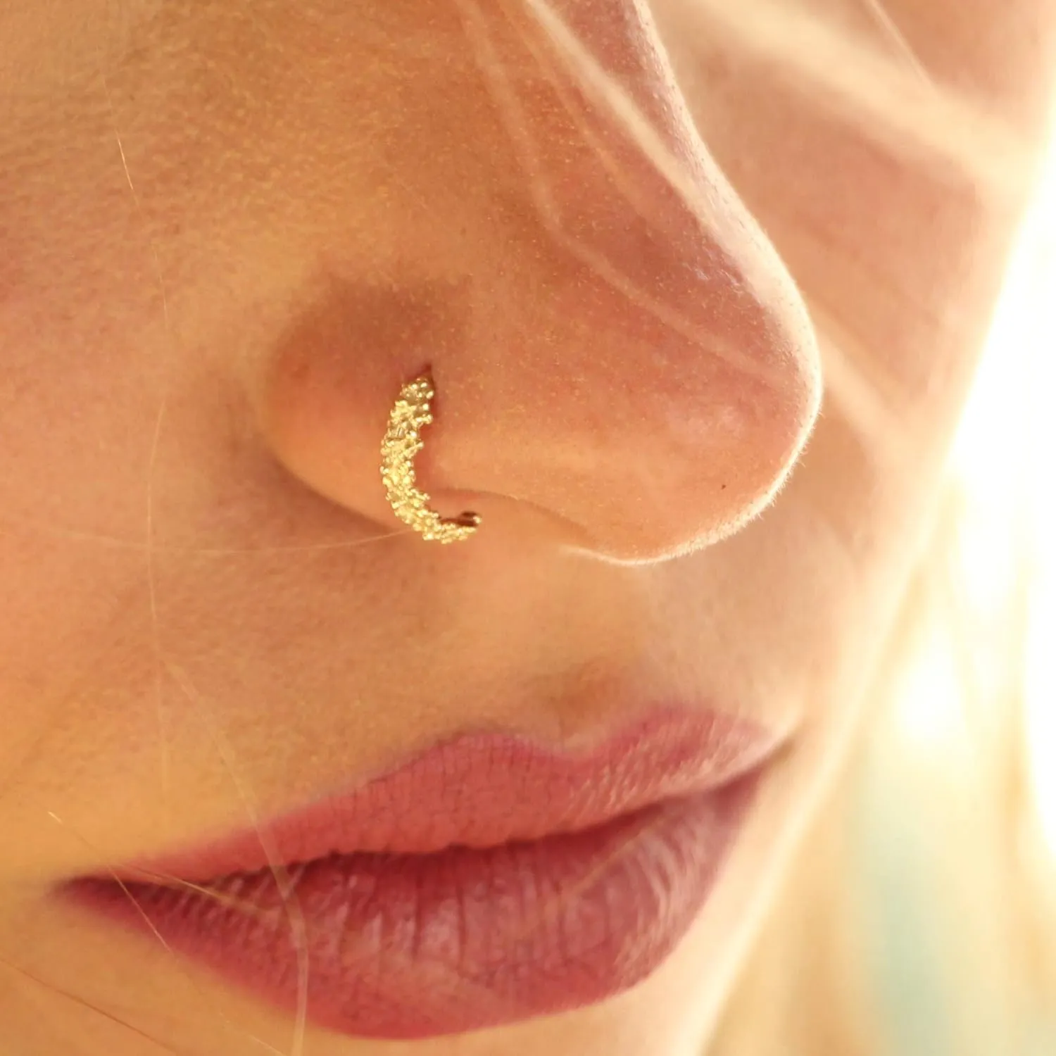 Nose pique video display drown pain granite Piercing Hoop Handmade Body Jewelry 20g 0.8mm Gold Nose Ring, 14K Solid Yellow Gold Tribal 