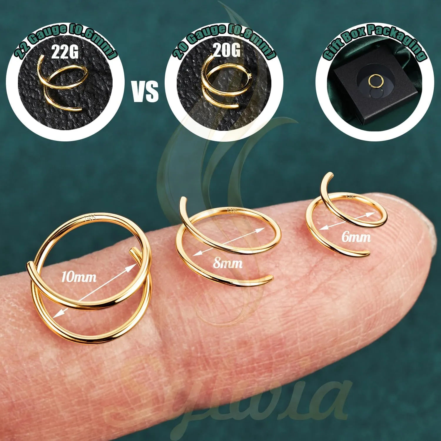 Nose Rings encourage genre inspire bark rigor for Women Men SYLWIA 14k Solid Gold Double Hoop Nose Ring Hoop, Handmade 22g/20g Thin Nose Piercing Jewelry, 6/8/10mm Diameter Hypoallergenic Real Gold 