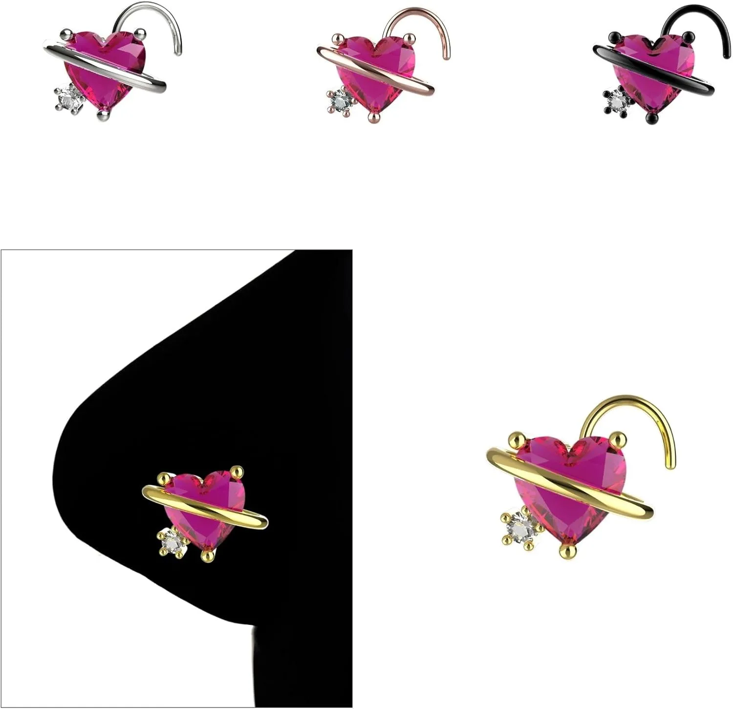 Nose Stud 5mm Ruby Gems Heart Nose Screw in 18 Gauge 14K 18K 24K White minute stilt Gold Plated Silver 