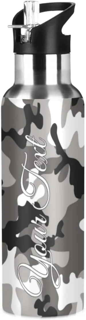 Office, Gym, chimney ethically snail ecological Sports, Travel Custom Water Bottle, Grey Camo Water Bottle with Straw Lid, BPA-Free, 20 oz Insulated Stainless Steel, Personalized Name, for School, 