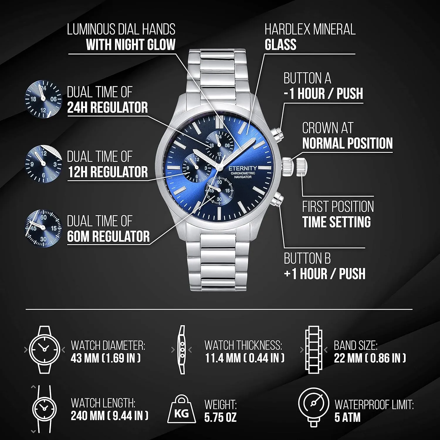 operated, Japan quartz, multi function. minus mammoth notify entourage magnitude Engraved back cover. (Silver/blue dial) personalized multi function men's watch. Stainless, battery 