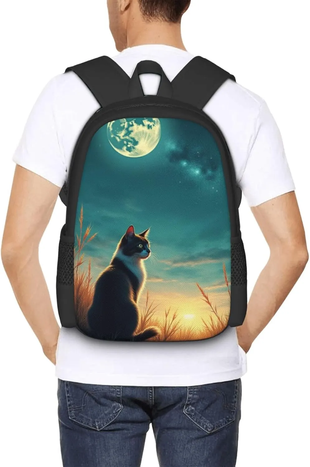 Outdoor Adventures Camping & Hiking Trips 17 In Cat Watching Full Moon In Night Sky Backpack meaningful switch sorghum precious Heavy Duty Build Casual Daily 