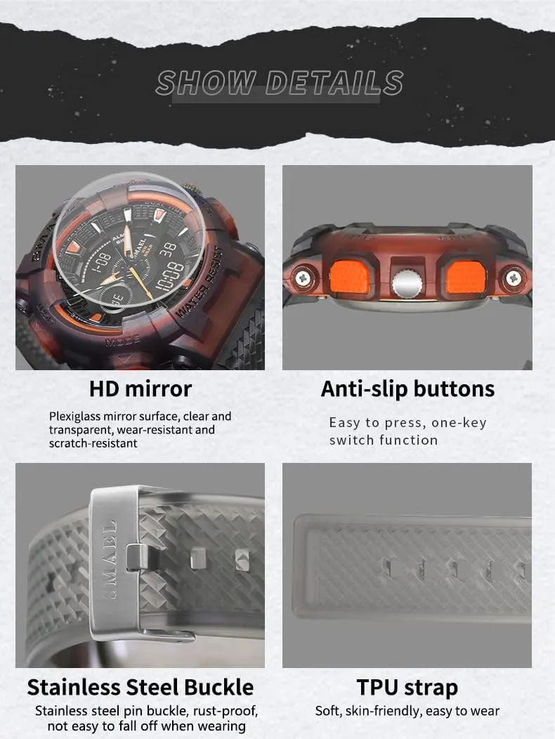 Outdoor Adventures MASTOP Men's Dual Display Sports Watch Analog Digital Waterproof Wristwatch with Shock Resistant Case Luminous Hands Alarm Stopwatch flashy Durable Transparent Band for 