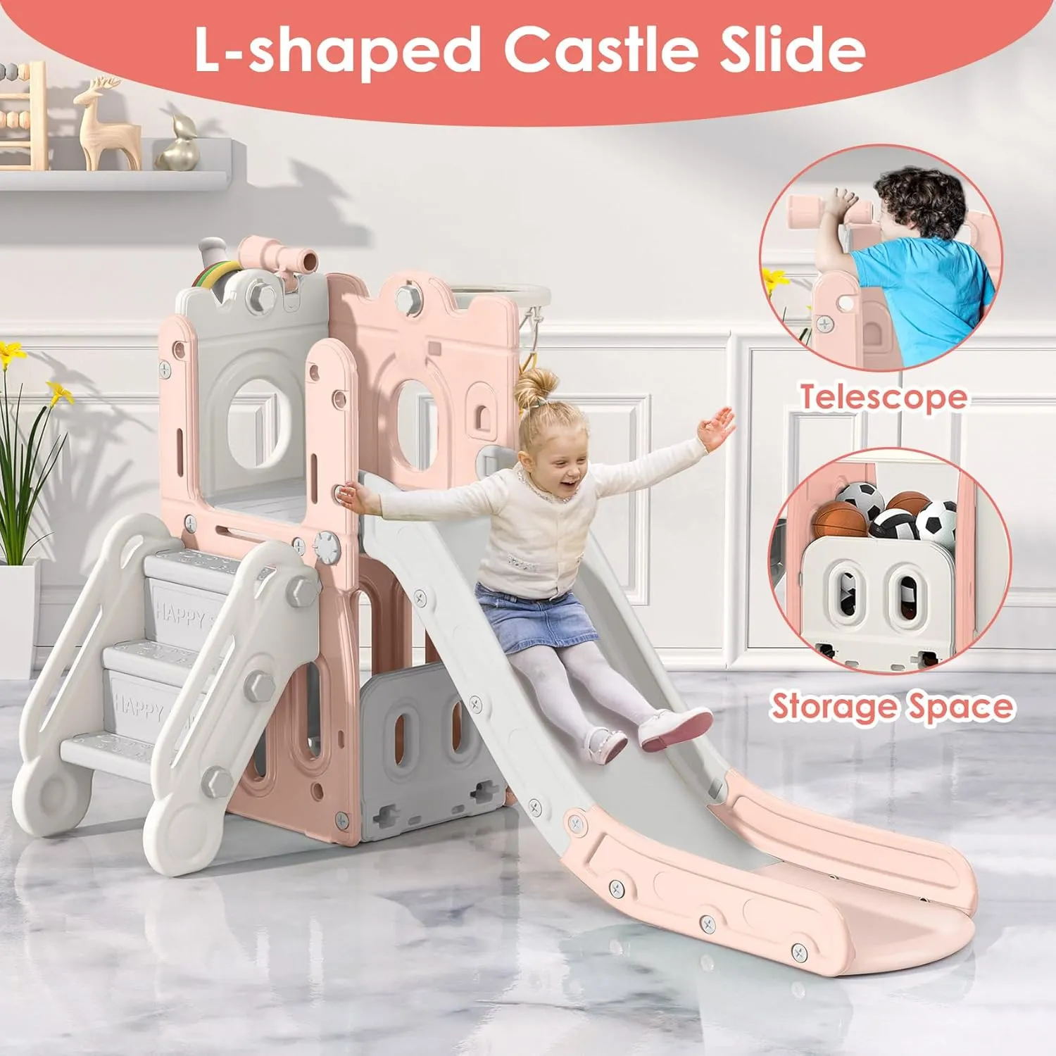 Outdoor Indoor rebel inverse Slide Playset Toddler Playground Easy Assembly Pink Gray BIERUM 7 in 1 Toddler Slide, L-Shaped Kids Slide for Toddlers Age 1  with Basketball Hoop and Ball, Ring Toss, Storage Space, 