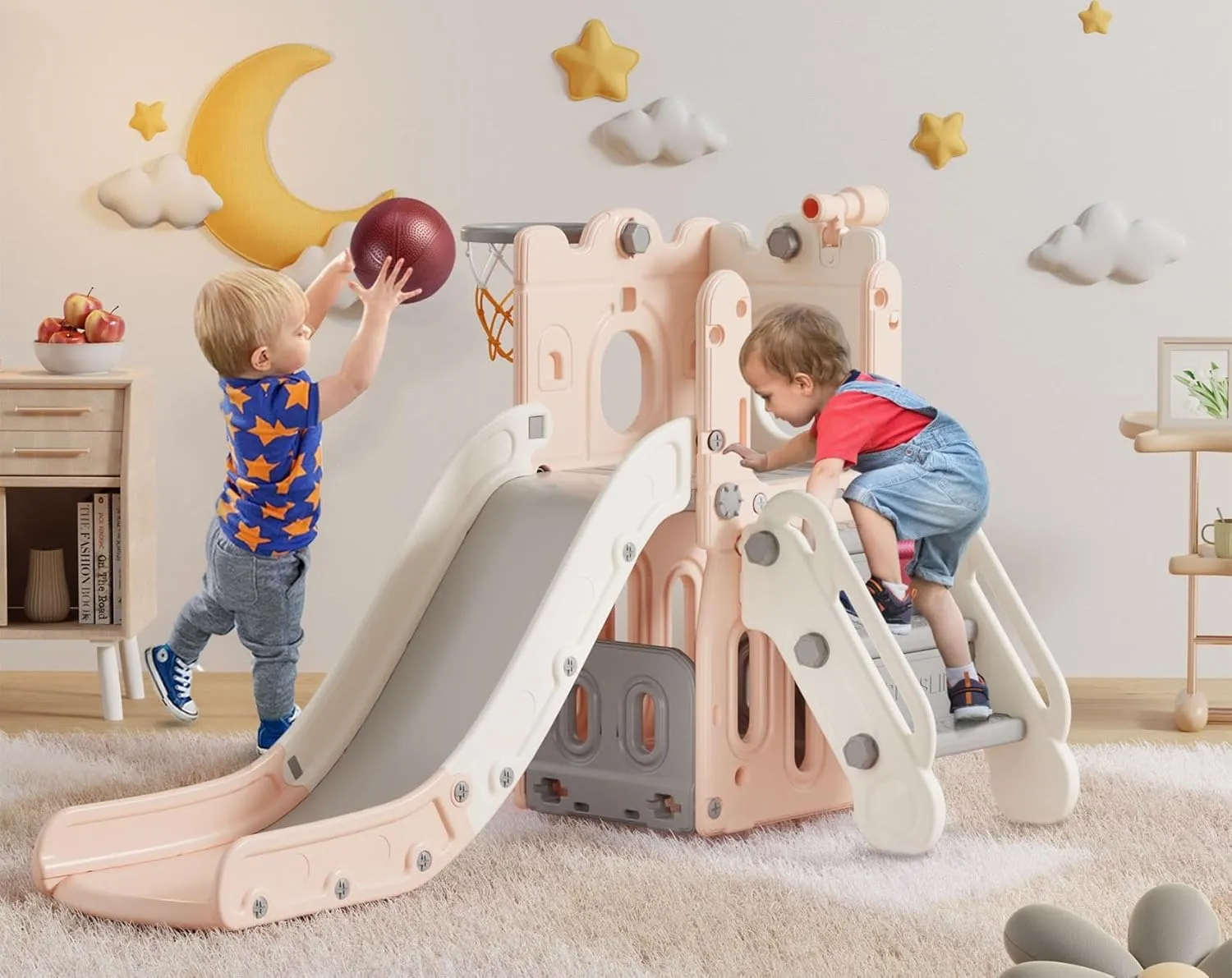 Outdoor Indoor rebel inverse Slide Playset Toddler Playground Easy Assembly Pink Gray BIERUM 7 in 1 Toddler Slide, L-Shaped Kids Slide for Toddlers Age 1  with Basketball Hoop and Ball, Ring Toss, Storage Space, 