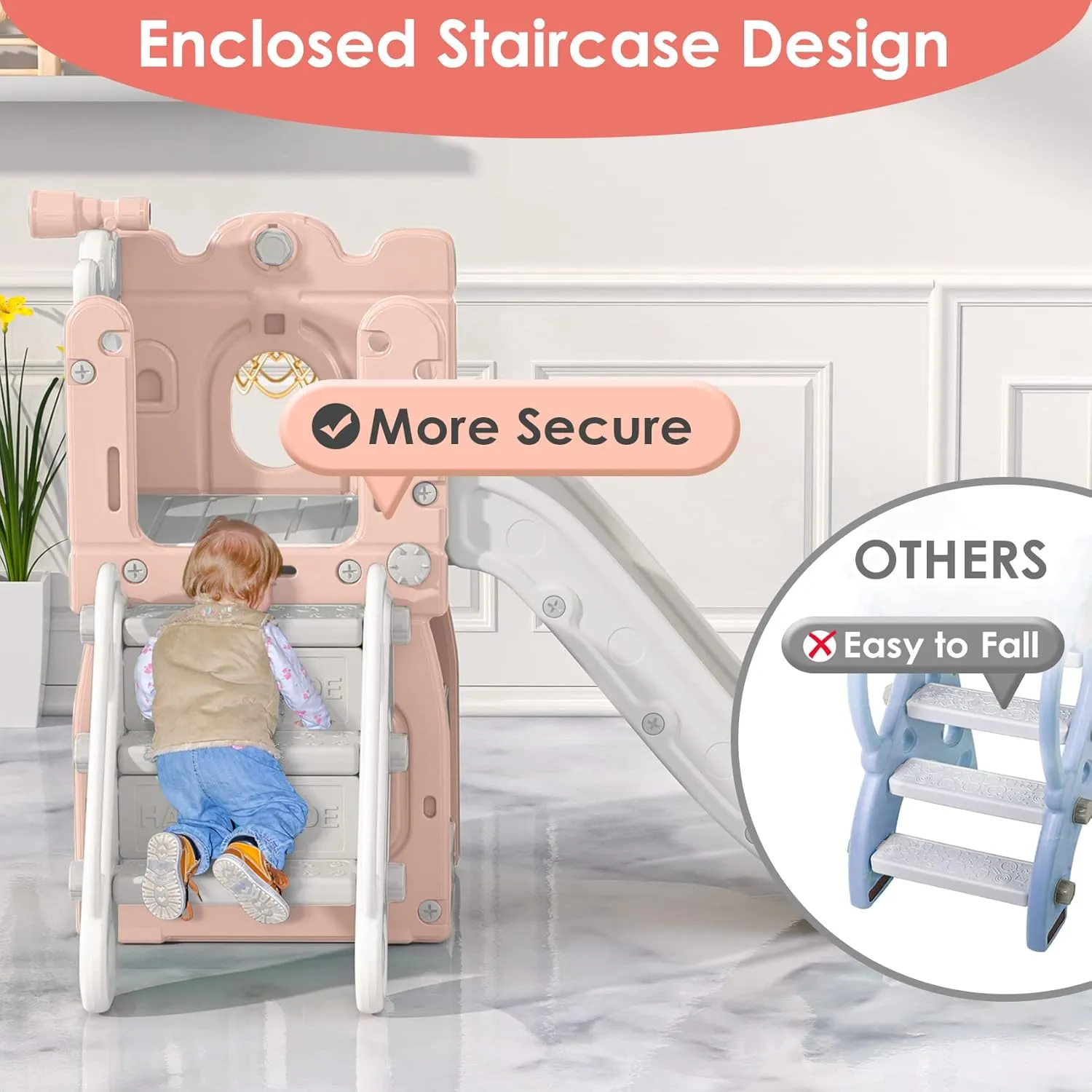 Outdoor Indoor rebel inverse Slide Playset Toddler Playground Easy Assembly Pink Gray BIERUM 7 in 1 Toddler Slide, L-Shaped Kids Slide for Toddlers Age 1  with Basketball Hoop and Ball, Ring Toss, Storage Space, 