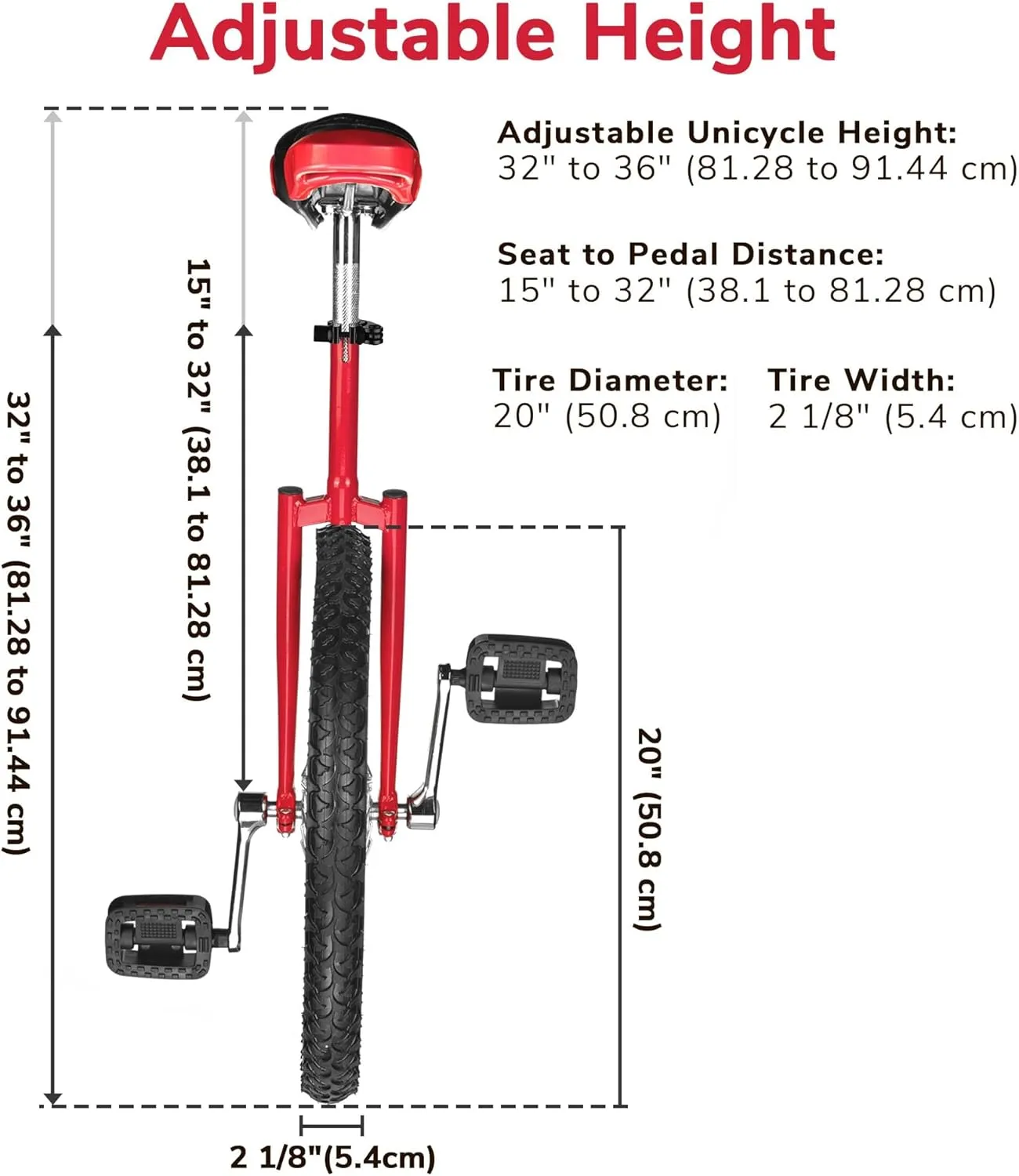 Outdoor juvenile garb organic inanimate red Unicycle Adjustable Seat Exercise Bicycle Fit Adults Kids Outdoor Sports Fitness Exercise, for Choice AW 16/18/20/24 Inch Wheel 