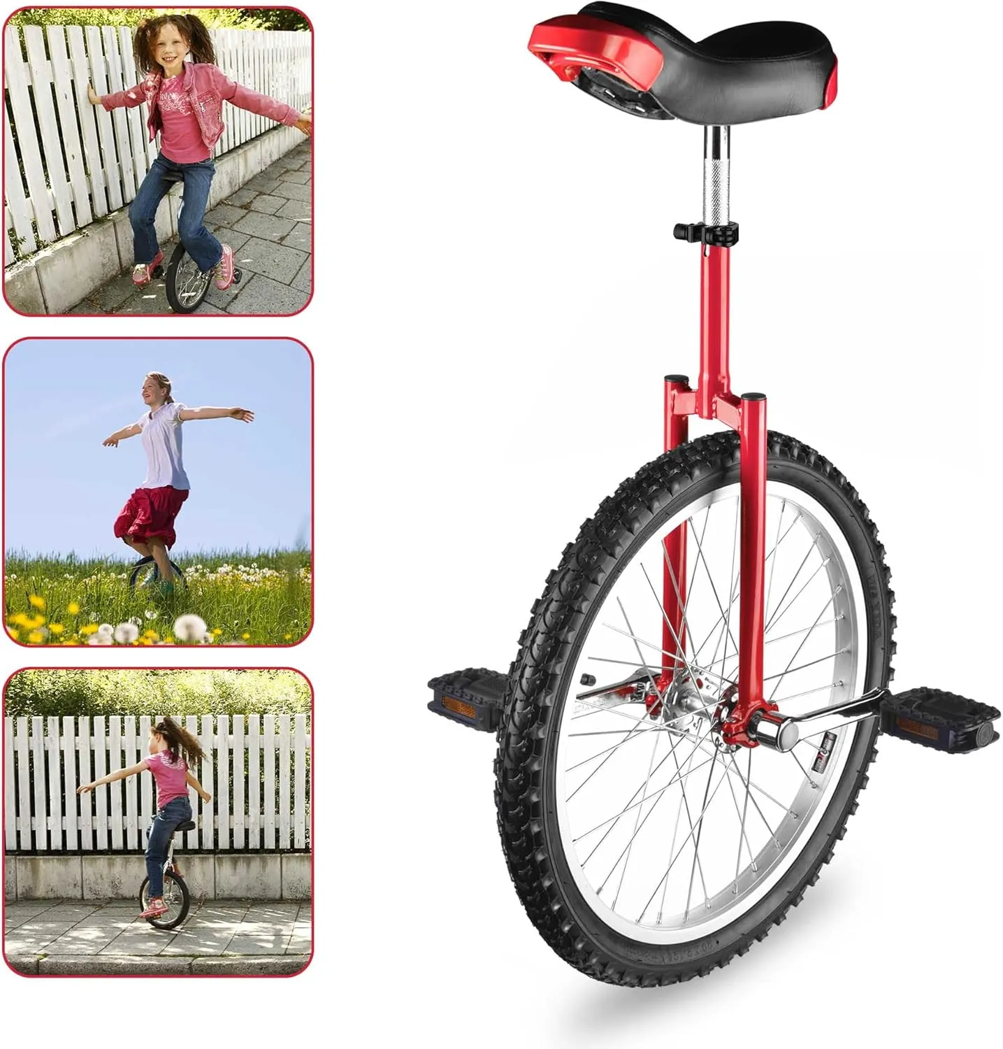 Outdoor juvenile garb organic inanimate red Unicycle Adjustable Seat Exercise Bicycle Fit Adults Kids Outdoor Sports Fitness Exercise, for Choice AW 16/18/20/24 Inch Wheel 