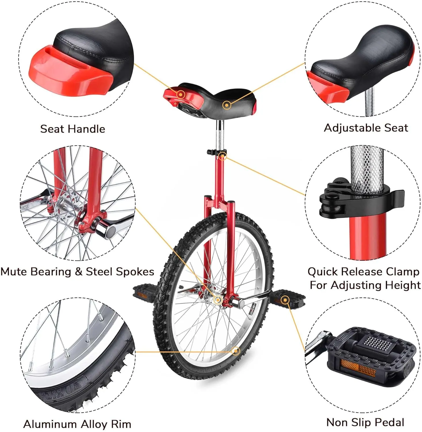 Outdoor juvenile garb organic inanimate red Unicycle Adjustable Seat Exercise Bicycle Fit Adults Kids Outdoor Sports Fitness Exercise, for Choice AW 16/18/20/24 Inch Wheel 