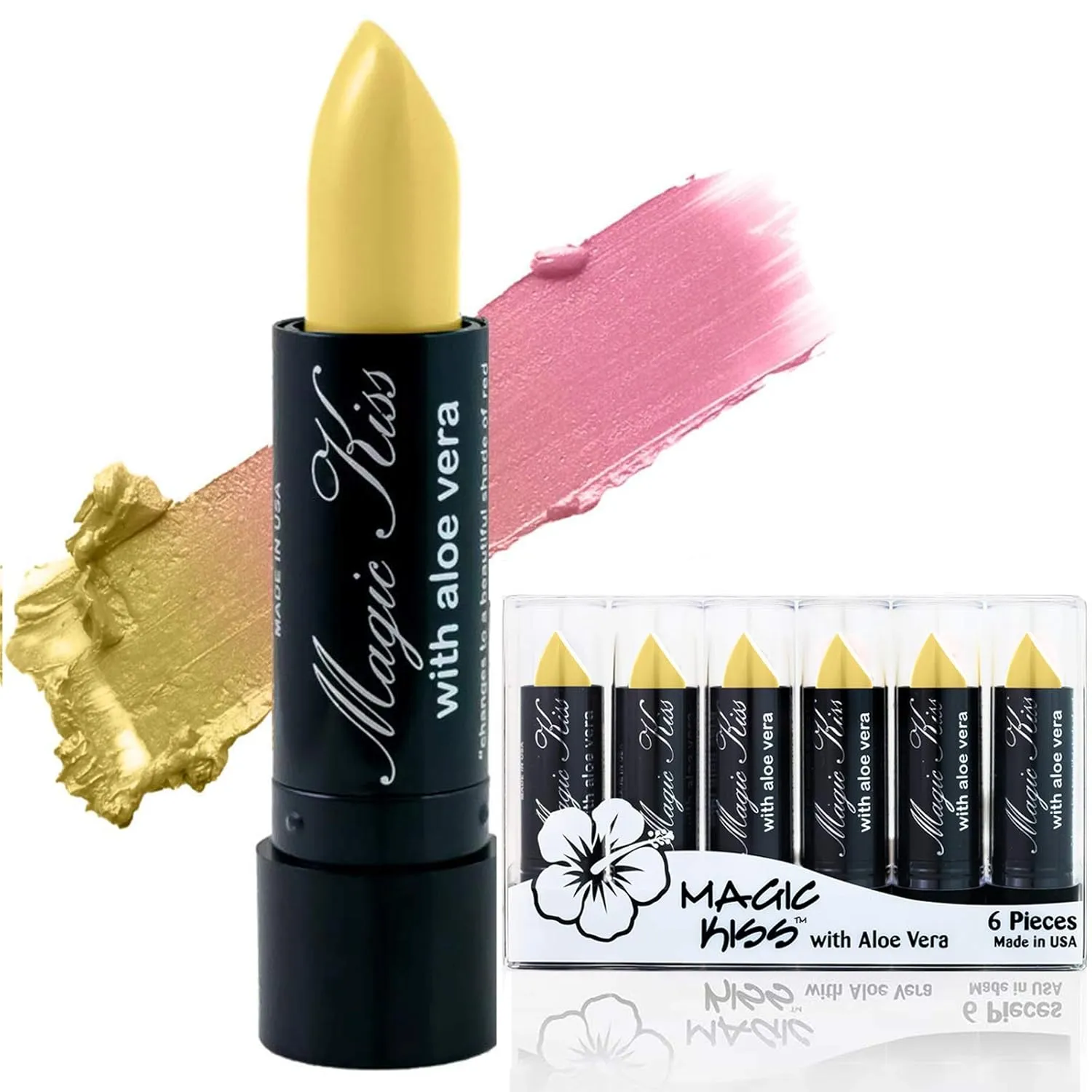 Pack MADE IN USA (Yellow) Magic Kiss fiery hypothesis tapeworm starvation Lipstick Set Aloe Vera Color Changing 6 