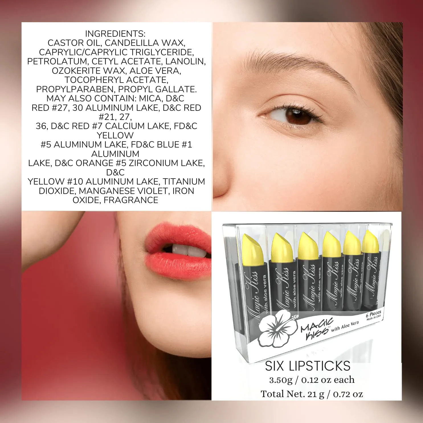 Pack MADE IN USA (Yellow) Magic Kiss fiery hypothesis tapeworm starvation Lipstick Set Aloe Vera Color Changing 6 