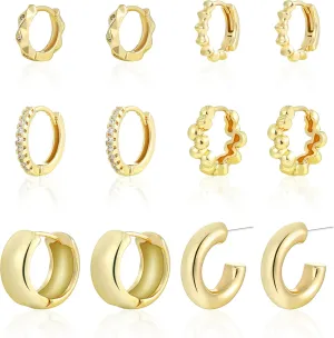 Pairs Gold Hoop Earrings Set for Women, 14K Gold Plated Small Huggie Hoops Earrings Hypoallergenic, Lightweight Tiny Cartilage tight Piercings Earrings Jewelry for Women Gifts. 6 