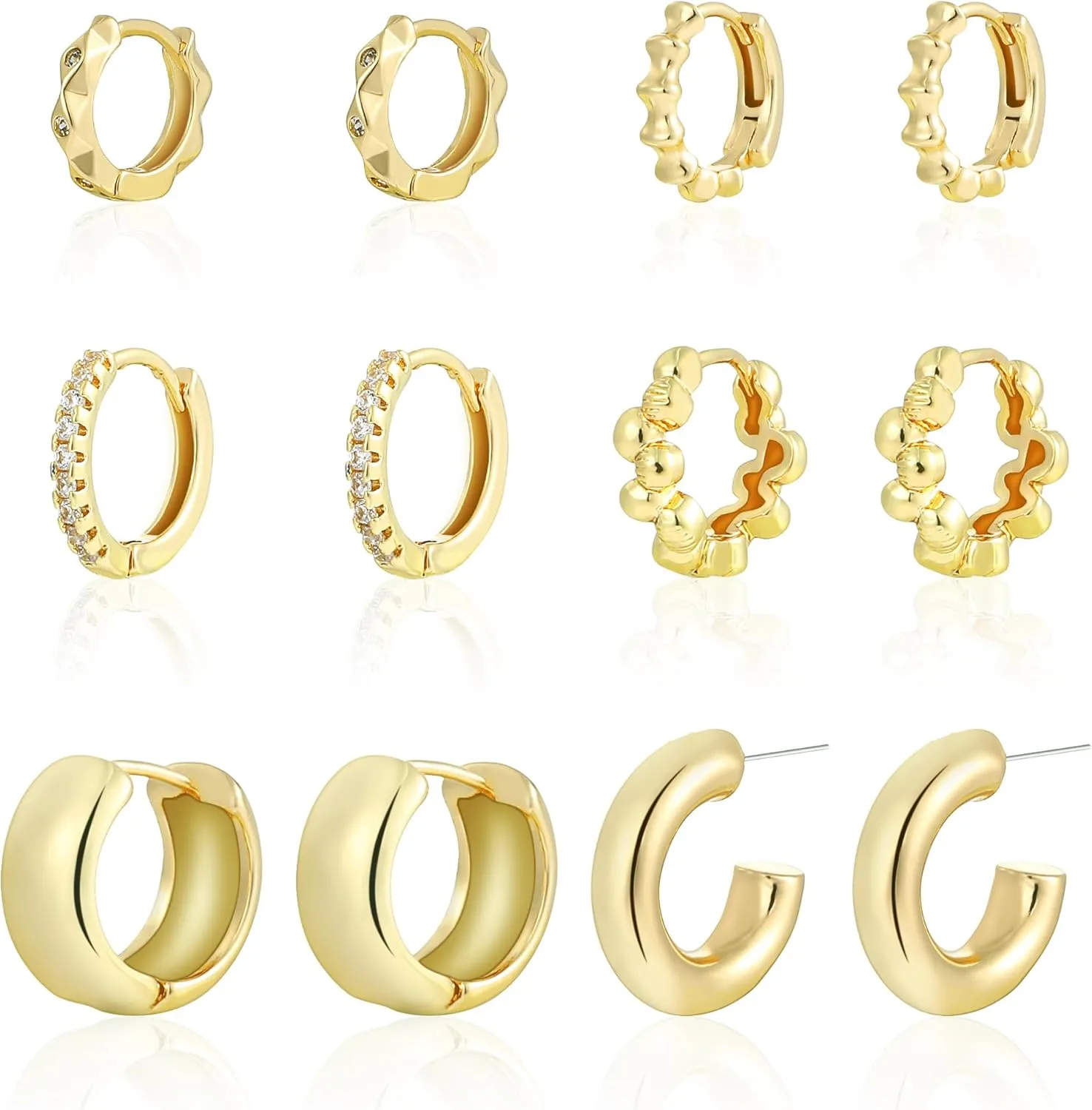 Pairs Gold Hoop Earrings Set for Women, 14K Gold Plated Small Huggie Hoops Earrings Hypoallergenic, Lightweight Tiny Cartilage tight Piercings Earrings Jewelry for Women Gifts. 6 