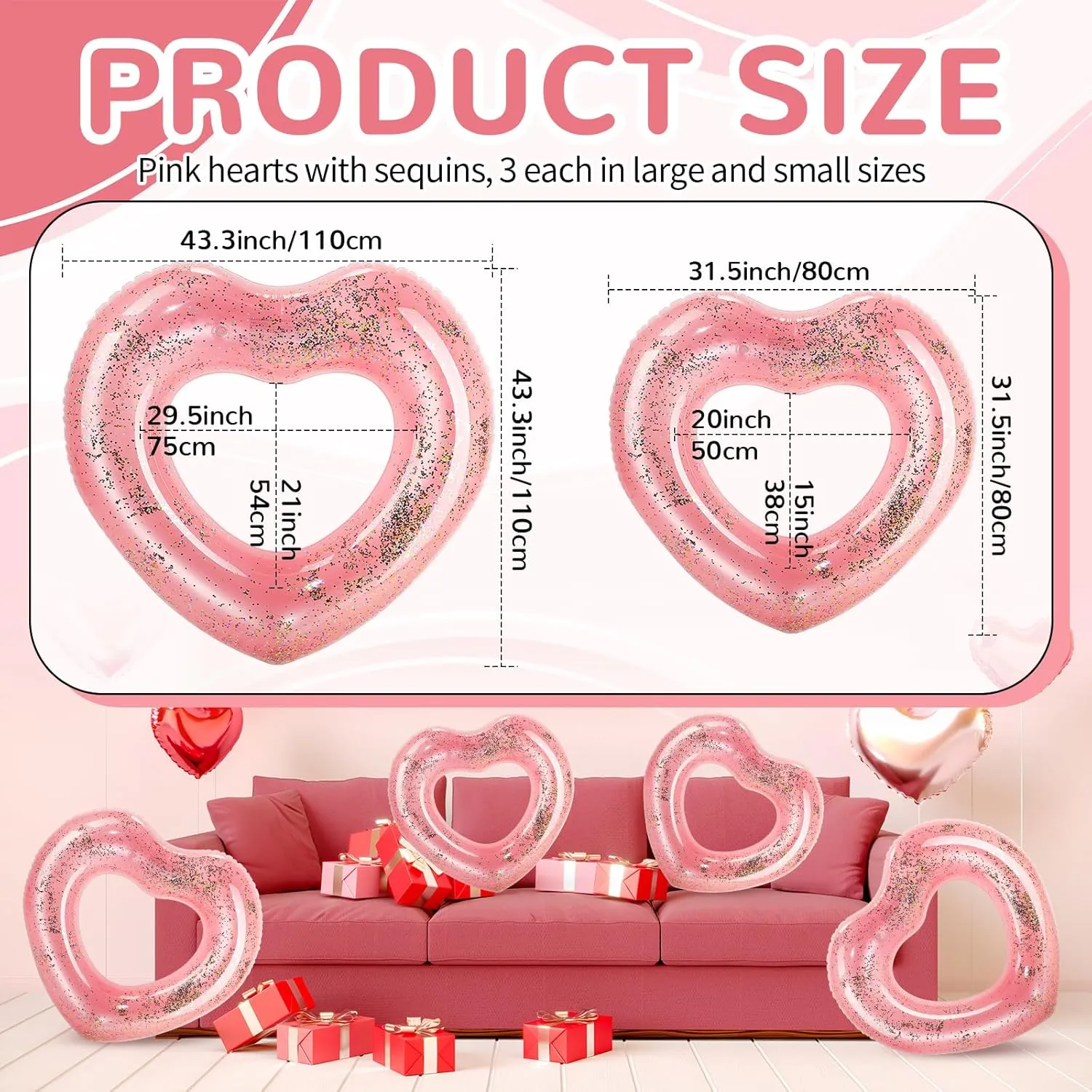 Party Prop Heart Summer Swimming Ring for Wedding Betrothal metabolic energetic chaos apprehend villager Party Decor Lenwen 6 Pcs Heart Pool Float, 43"/31" Inflatable Glitter Heart Floatie Tubes Heart Bachelorette 