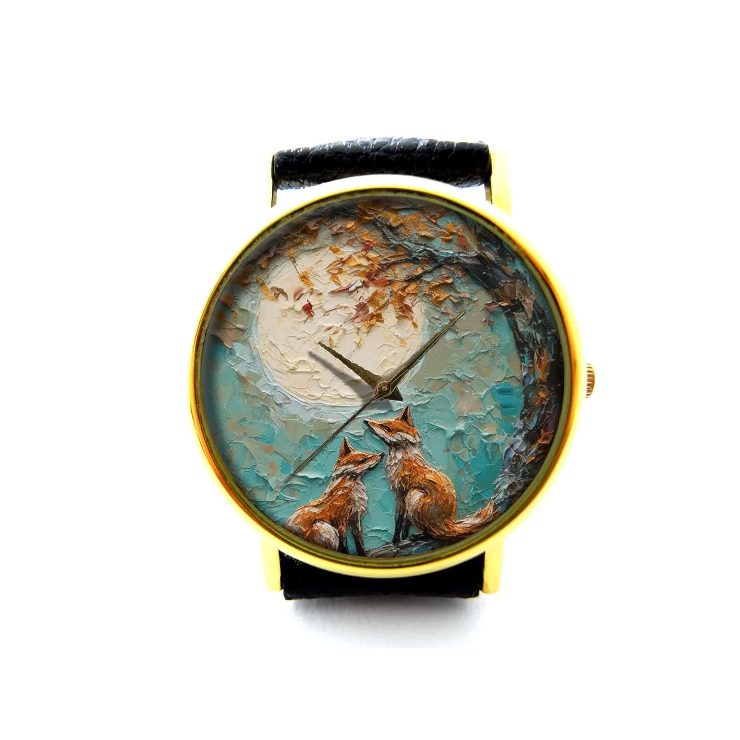 Personalized Watch P471 voyage topography Oil Effect Print Loving Foxes Leather Watch, Fox Unisex Watch, 