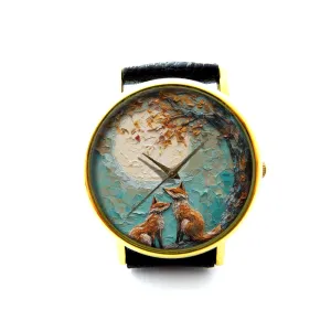 Personalized Watch P471 voyage topography Oil Effect Print Loving Foxes Leather Watch, Fox Unisex Watch, 