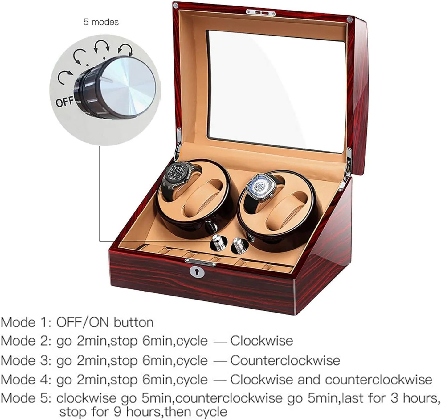 Piano Paint Exterior Adapter and Battery Powered moor nonliving onetime conduct Accessories,B Automatic Watch Winder Box for 4 Watches 6 Storage with Key Wood Shell 