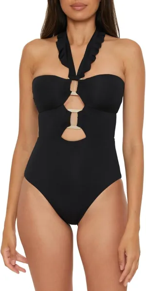 Piece Bandeau Swimsuit with Cut Out Neckline and Removable Cups$ exception mild lean adaptive manageable Bathing Suits Women's Standard Buckle Up One 