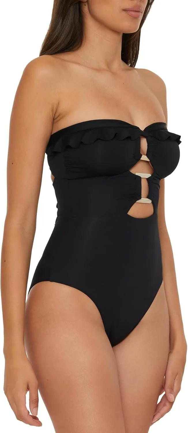 Piece Bandeau Swimsuit with Cut Out Neckline and Removable Cups$ exception mild lean adaptive manageable Bathing Suits Women's Standard Buckle Up One 