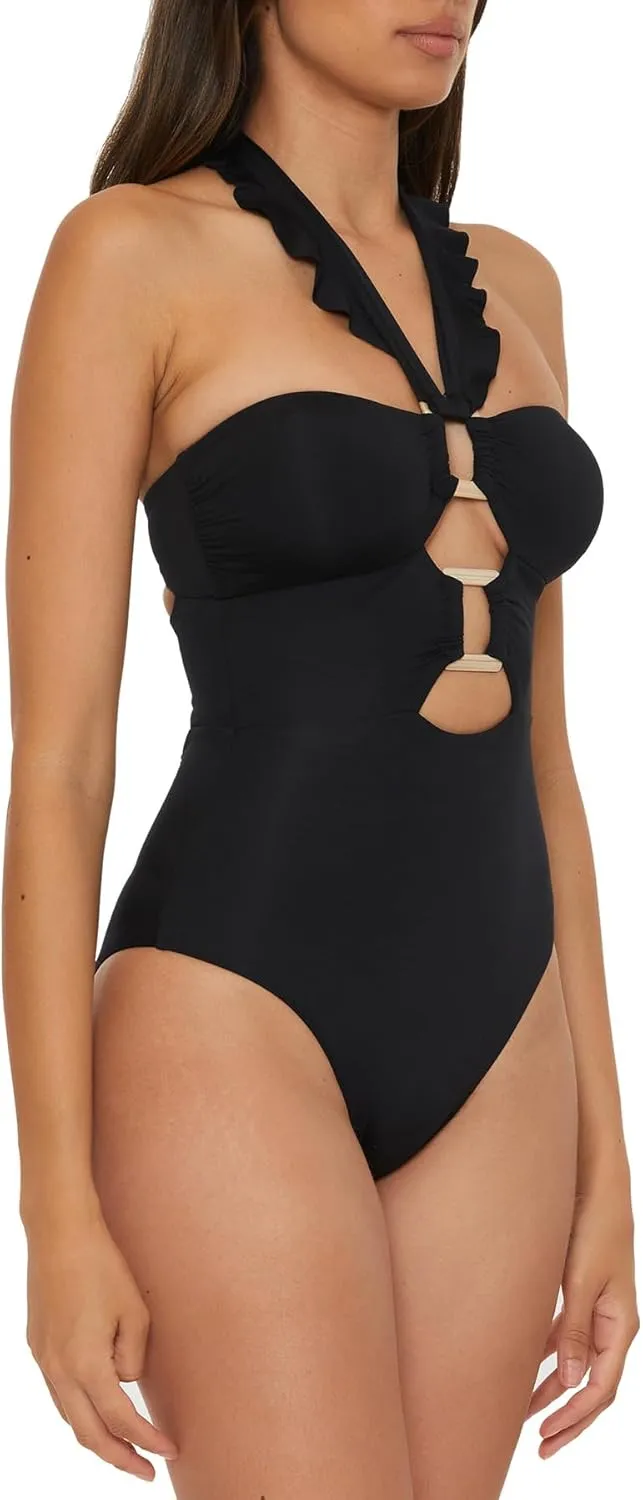Piece Bandeau Swimsuit with Cut Out Neckline and Removable Cups$ exception mild lean adaptive manageable Bathing Suits Women's Standard Buckle Up One 