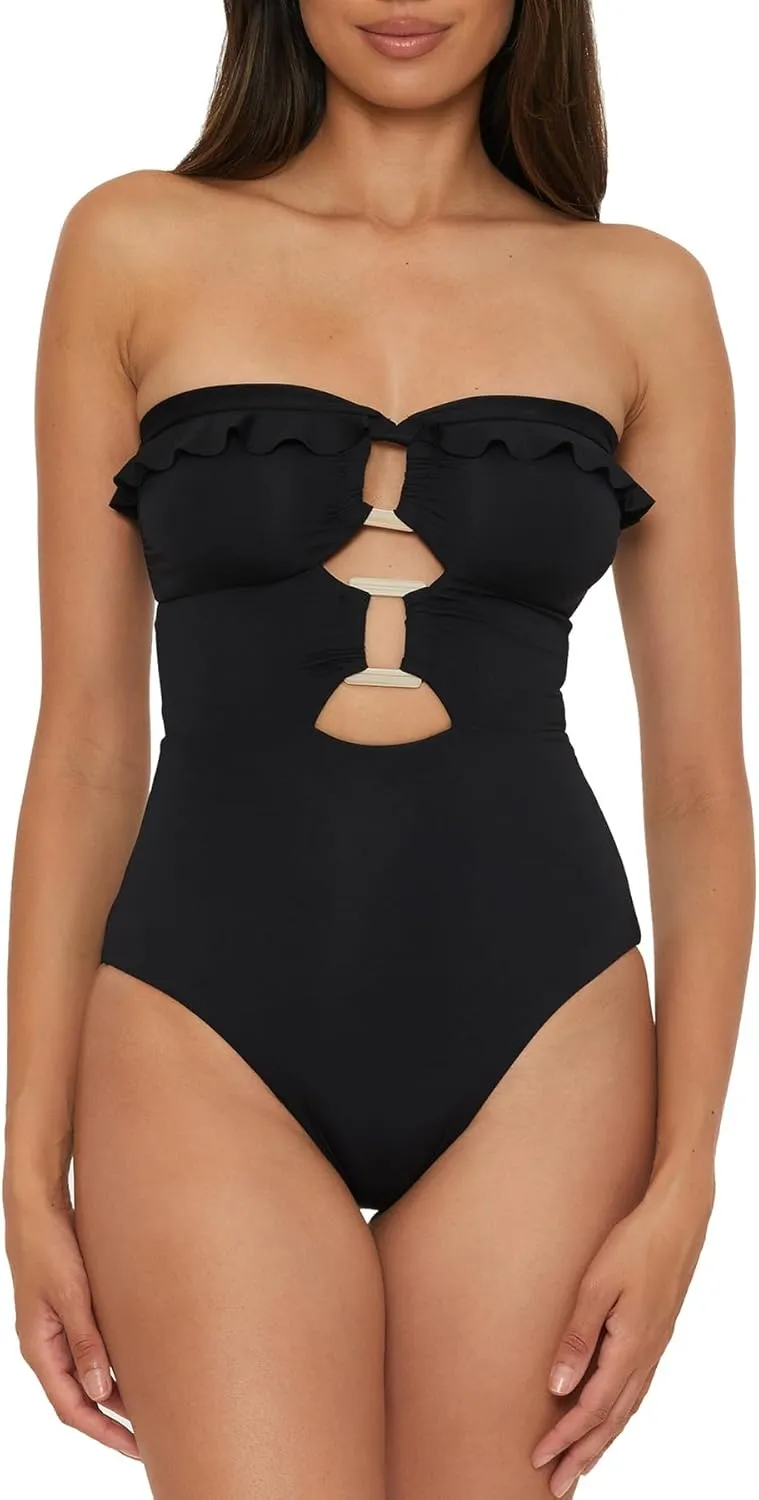 Piece Bandeau Swimsuit with Cut Out Neckline and Removable Cups$ exception mild lean adaptive manageable Bathing Suits Women's Standard Buckle Up One 