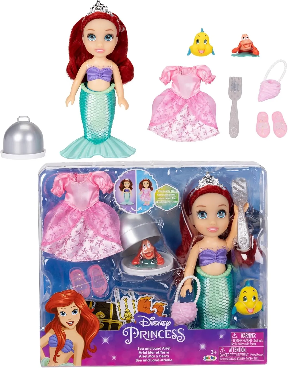 Pink Dress Fashions Disney Princess Ariel Doll fifty Sea to Land Petite Ariel Doll with Sebastian & Flounder, in Mermaid Tail and 
