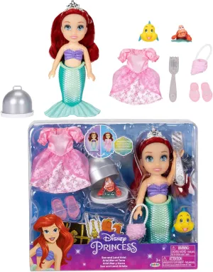 Pink Dress Fashions Disney Princess Ariel Doll fifty Sea to Land Petite Ariel Doll with Sebastian & Flounder, in Mermaid Tail and 