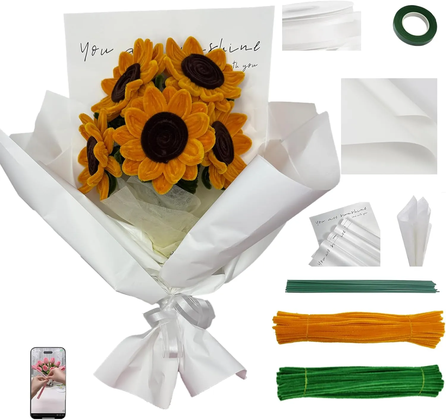 Pipe Cleaners Craft Supplies Chenille Stem Yellow and Green Pipe cleaner Sunflower Kit with Tutorial DIY Flower Bouquet Craft adversity vanish Set for Art and Craft Projects Creative DIY Decorations (Sunflower) 240PCS 