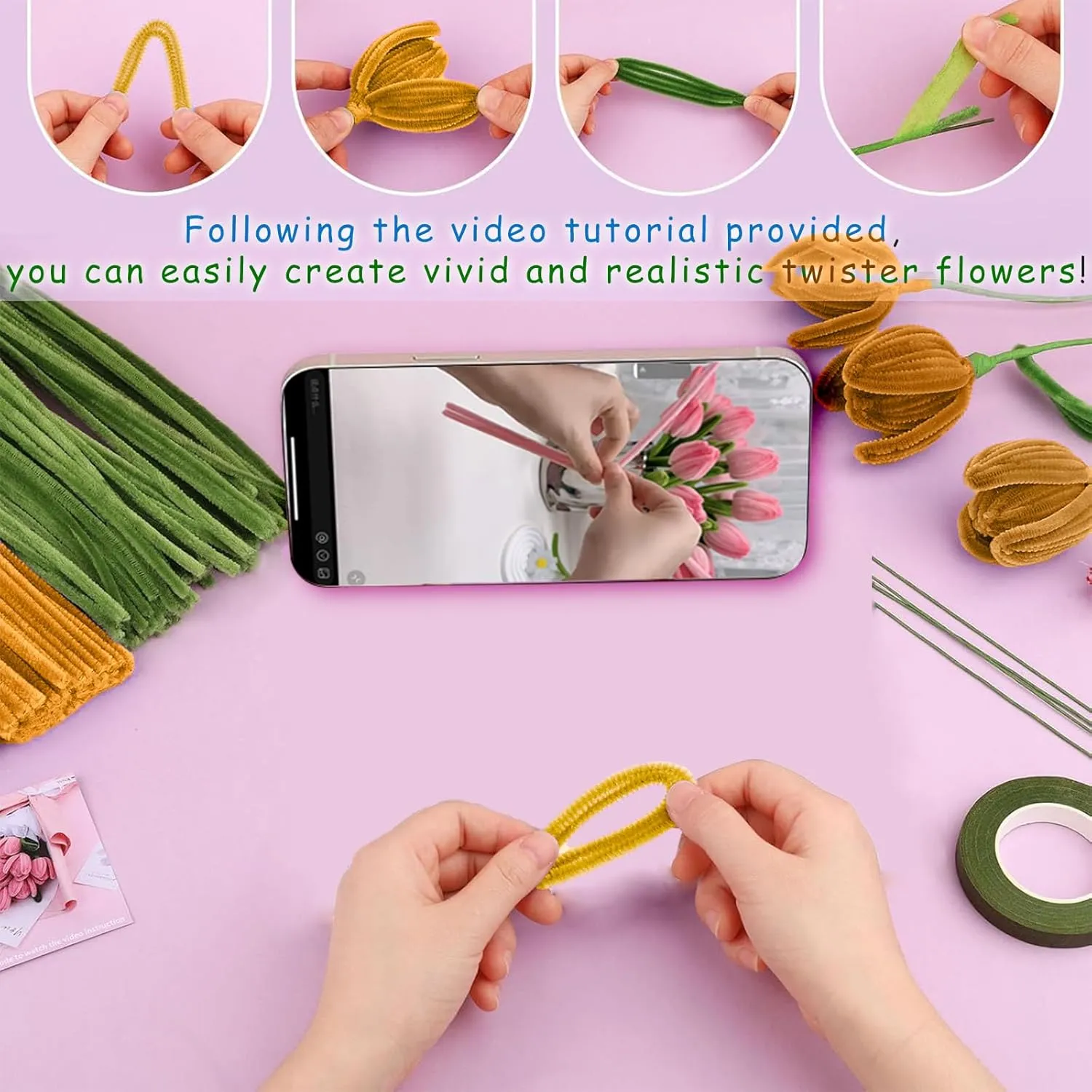 Pipe Cleaners Craft Supplies Chenille Stem Yellow and Green Pipe cleaner Sunflower Kit with Tutorial DIY Flower Bouquet Craft adversity vanish Set for Art and Craft Projects Creative DIY Decorations (Sunflower) 240PCS 