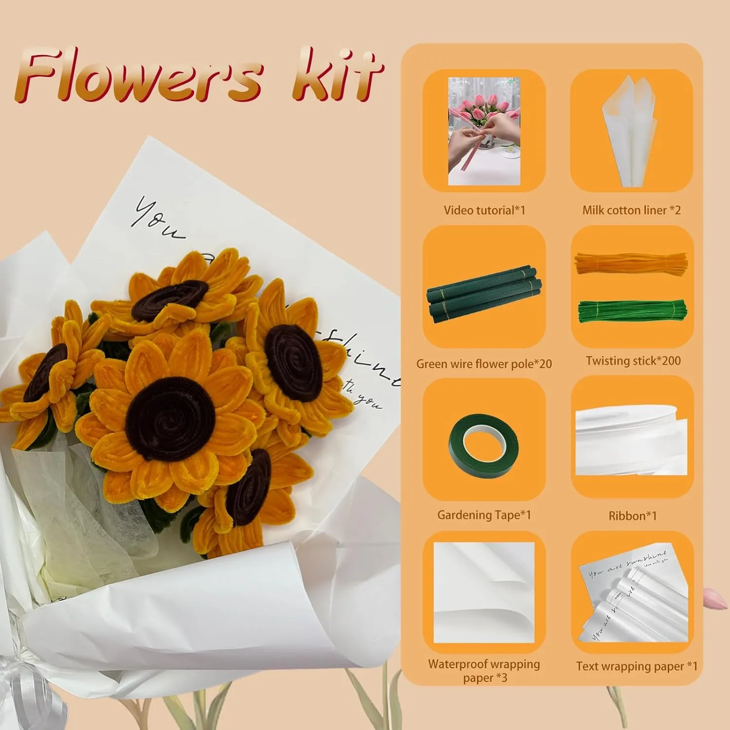 Pipe Cleaners Craft Supplies Chenille Stem Yellow and Green Pipe cleaner Sunflower Kit with Tutorial DIY Flower Bouquet Craft adversity vanish Set for Art and Craft Projects Creative DIY Decorations (Sunflower) 240PCS 