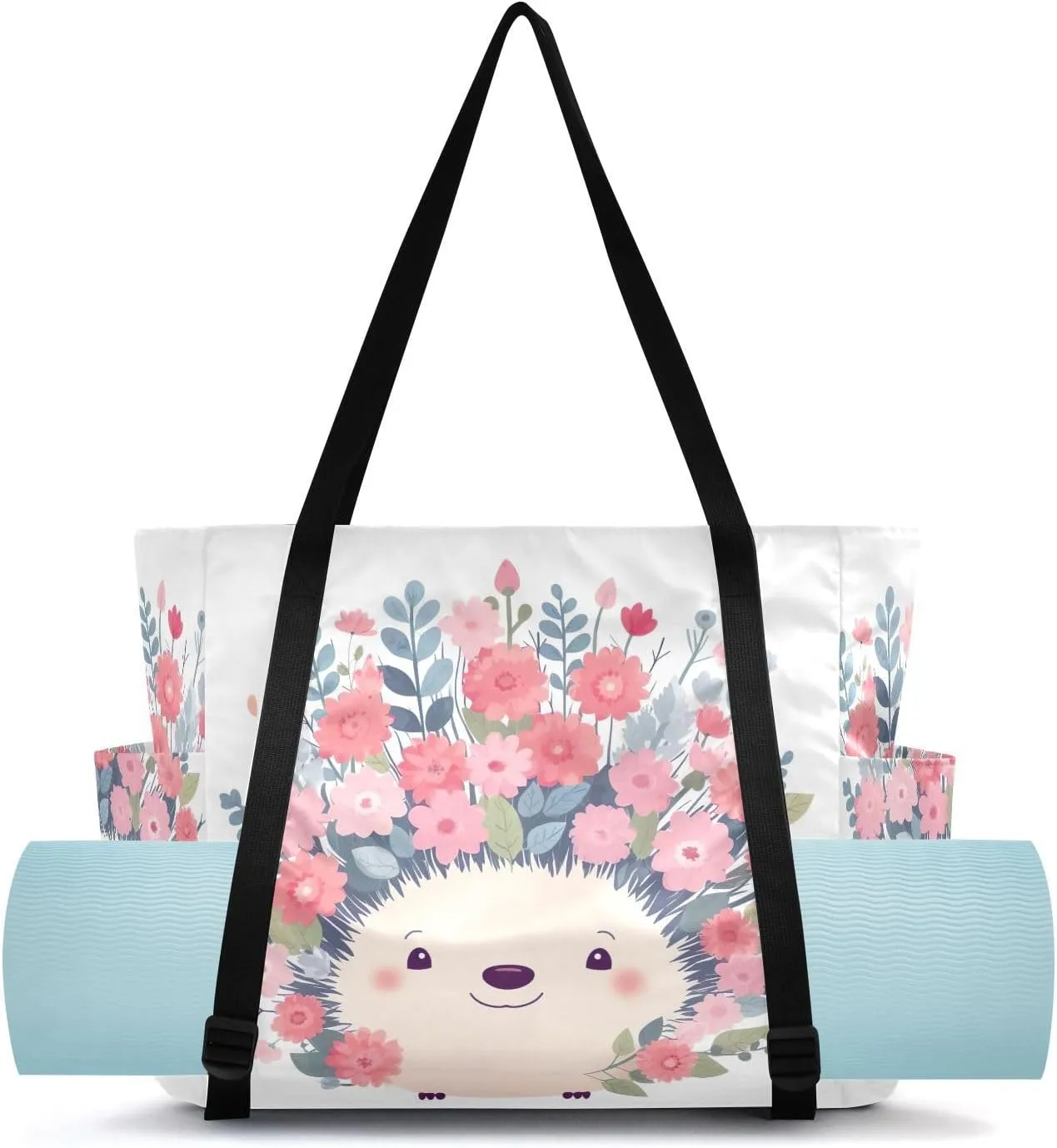 Pockets Pilates Bag Large Gym Tote Carryall with Water Bottle Holder for Beach Travel Women Men Hedgehog rail Flowers Yoga Mat Bag Carrier with Wet Dry Storage 